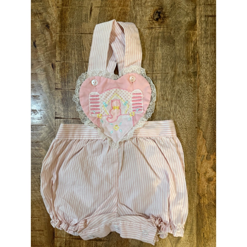 Vintage Cradles Baby Girl Romper 6/9M Pink Stripe Cat Heart Lace Bubble Sunsuit